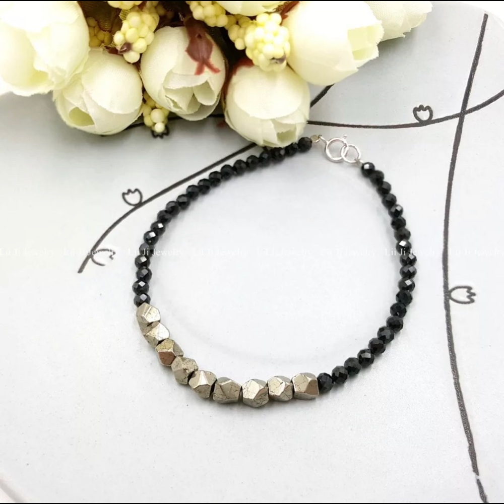 Pyrite & Spinel Gemstone Sterling Silver Bracelet